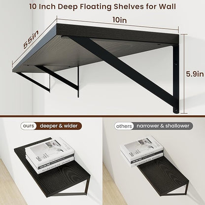 Axeman Deep Floating Shelves | 55 Inch Black Wall Shelves Set of 2 | 10 Inch Deep Wood Floating Shelves for Wall | 55" W x 10" D Black Shelves for Living Room Bathroom Kitchen