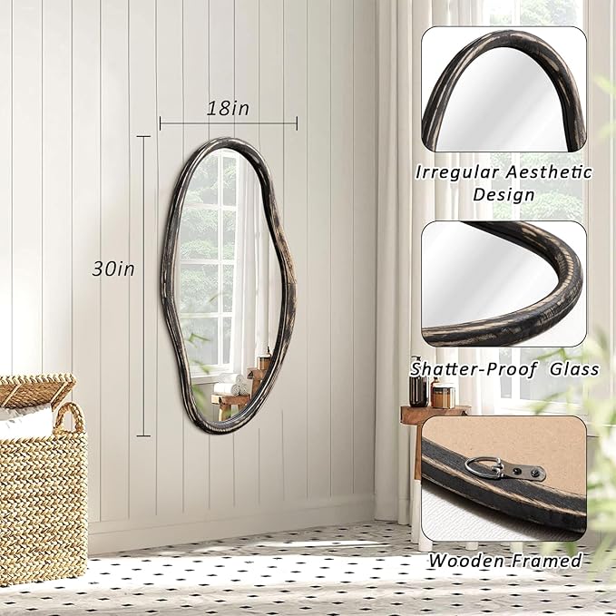 JJUUYOU Asymmetrical Wall Mirror Irregular Mirrors for Wall Modern Wood Frame Unique Vanity Mirror Shaped Dressing Mirrors Decor for Living Room Bathroom Bedroom Entryway Large 30