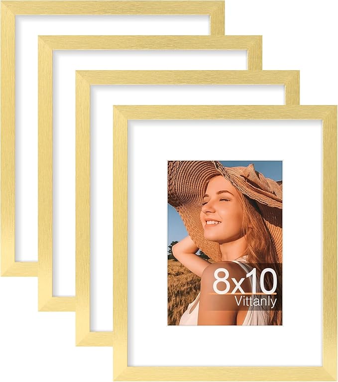 Vittanly 8x10 Picture Frames Set of 4, Display Pictures 5x7 with Mat or 8x10 without Mat, Gallery Wall Frame Set for Wall or Tabletop Display, Engineered Wood with Shatter Resistant Plexiglass, Gold
