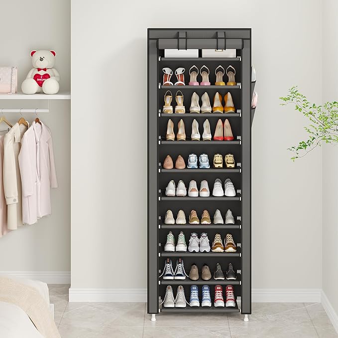 UDEAR 10-Tier Free Standing Shoe Rack Sturdy Shoe Rack Organizer for Closet Entryway Stackable Shoe Shelf with Dustproof Cover,Grey