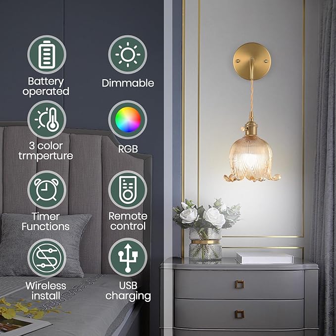 Battery Operated Wall Sconce Set of 2,Adjustable Chain Retro Gold Wall Mounted Light RGB with Remote,Wireless Rechargeable Dimmable Indoor Wall Lamp for Living Room Bedroom