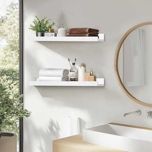 Muzilife 16" Floating Wall Ledge Shelves with Lip - Set of 2 Wood Floating Shelves - White Wall Mounted Picture Ledge for Office, Bathroom, Bedroom, Living Room, Kitchen