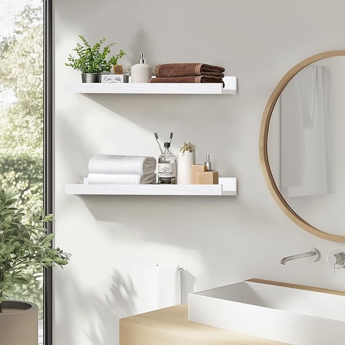 Muzilife 16" Floating Wall Ledge Shelves with Lip - Set of 2 Wood Floating Shelves - Widened White Wall Mounted Picture Ledge for Office, Bathroom, Bedroom, Living Room, Kitchen