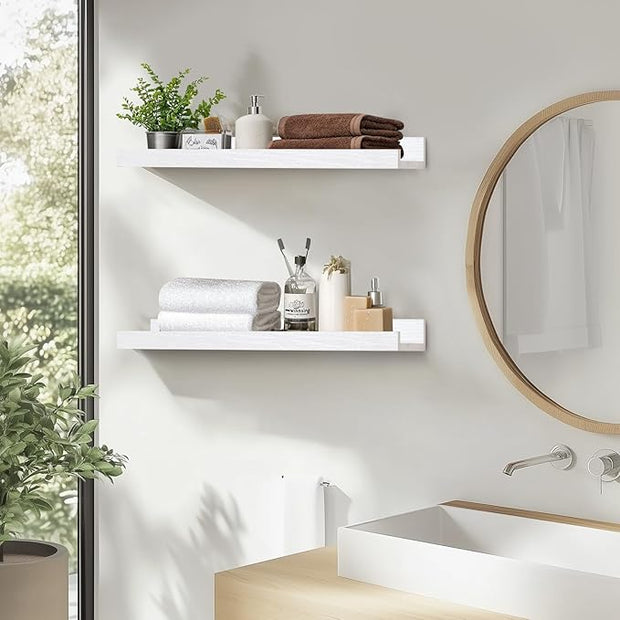 Muzilife 16" Floating Wall Ledge Shelves with Lip - Set of 2 Wood Floating Shelves - Widened White Wall Mounted Picture Ledge for Office, Bathroom, Bedroom, Living Room, Kitchen