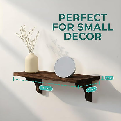Real Wood Wall Mounted Shelving Rustic Wood Shelves with Brackets - 17 inch (3 Pack) - Easy to Install, Template and Video Included - Wide Brown Shelves for Wall