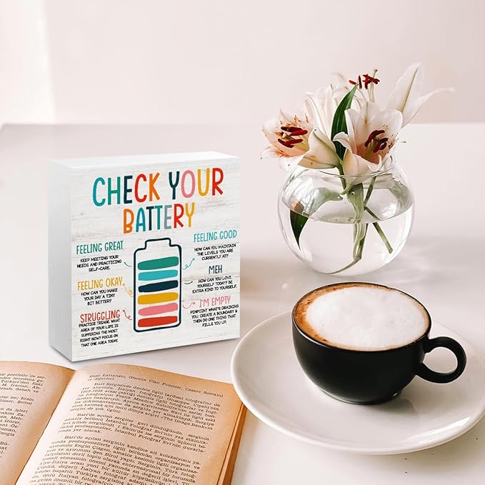 Mental Health Gifts for Counselor Therapist, Check Your Battery Wooden Box Sign Desk Decor for Therapy Office Counselor Room Shelf Cubicle Decor, Colorful Wooden Box Decorative Signs
