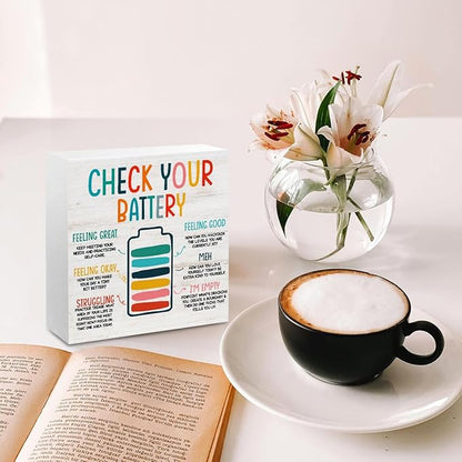 Mental Health Gifts for Counselor Therapist, Check Your Battery Wooden Box Sign Desk Decor for Therapy Office Counselor Room Shelf Cubicle Decor, Colorful Wooden Box Decorative Signs