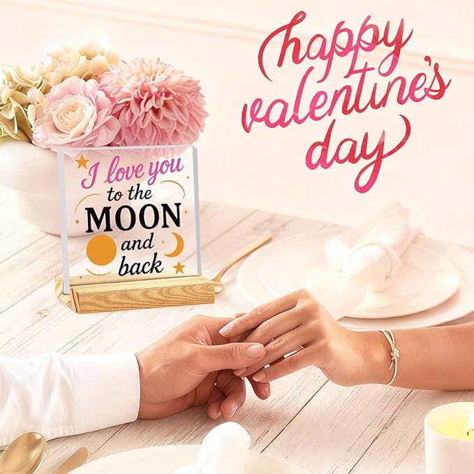 Valentines Desk Decor, Happy Valentine's Day Home Office Table Sign for Porch Tiered Tray Shelf Party, Rustic Romantic Acrylic Gifts Decorations for Him Her Wife,I Love You to The Moon And Back