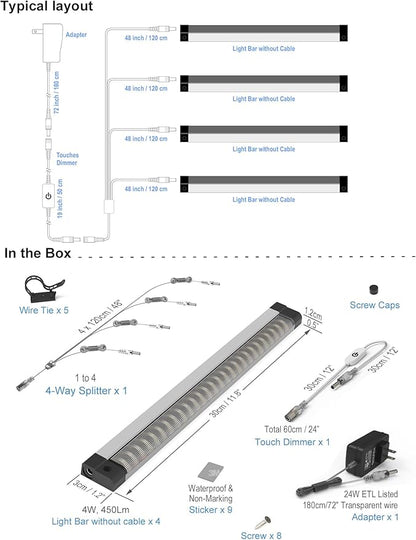 EBD LED Display Cabinet Lighting 4-Way 1.2m / 48" Splitter Parallel Connection Shelf Lights Touch Bookcase Lighting 4 Panels Counter Light Bar Energy 1800 Lm 3000K for Kitchen Pantry Garage Closet