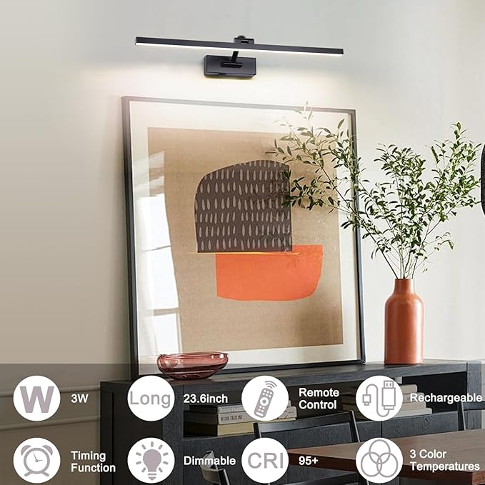 Battery Operated Picture Light with Remote,Wireless Dimmable Art Lights for Paintings Rechargeable Gallery Light Artwork Lighting for Canvas, Portrait (Black,23.6 Inch)