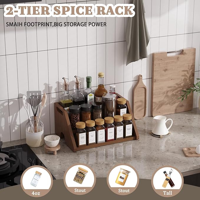 Bamboo Spice Rack Organizer -3-Tier Spice Rack for Countertop,Cabinet Spice Rack Organizer for 18 Spice Jars(4oz)，Step Shelf(Walnut)