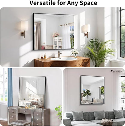 Koonmi Black Framed Bathroom Mirror - Shatterproof 30"x36" Tempered Glass, HD No Distortion, Horizontal/Vertical Mount, Modern Matte Aluminum Alloy Frame