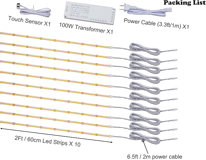 10 Pcs COB LED Strips Bright Dispaly Case Under Cabinet Light,Touch Sensor, Bedrooms Shelf, Wardrobes Cabinet,Cupboard Efficient Illumination Light (Warm White, 10 * 2Ft LED Strips