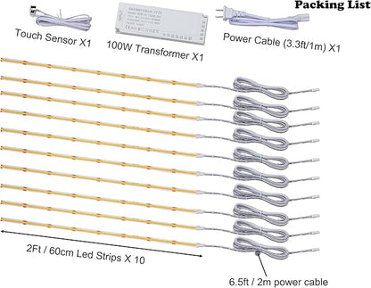 10 Pcs COB LED Strips Bright Dispaly Case Under Cabinet Light,Touch Sensor, Bedrooms Shelf, Wardrobes Cabinet,Cupboard Efficient Illumination Light (Warm White, 10 * 2Ft LED Strips