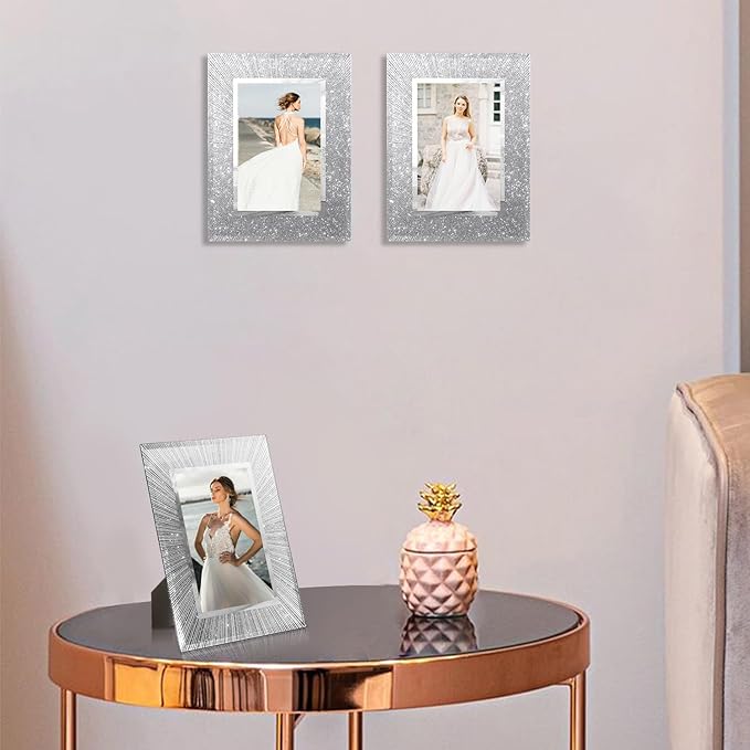 4x6 Picture Frame Set of 2 - Crystal Glass Picture Frame, 4 by 6 Glitter Silver Wedding Photo Frames for Tabletop and Wall Display Vertically of Horizontally