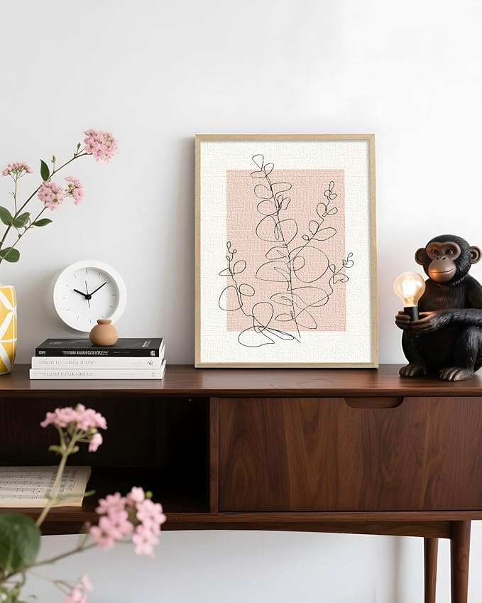 InSimSea Framed Canvas Wall Art Prints, Wall Art for Living Room Bedroom, Beige Abstract Plants Botanical Floral Line Painting Decor, Classic Retro Farmhouse Wall Shelf Decor, 12x16inch