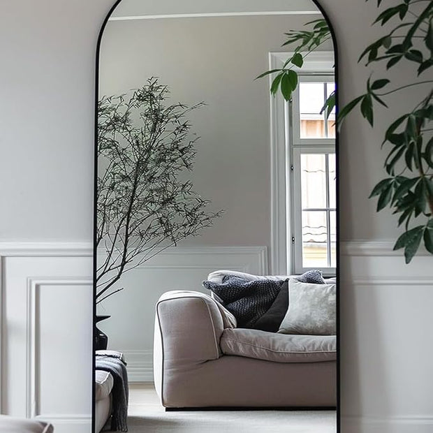 Antok 58" x21” Arched Full Length Floor Mirror, Black Aluminum Frame, Free Standing/Wall Mount/Leaning for Bedroom, Living Room, Dressing Room