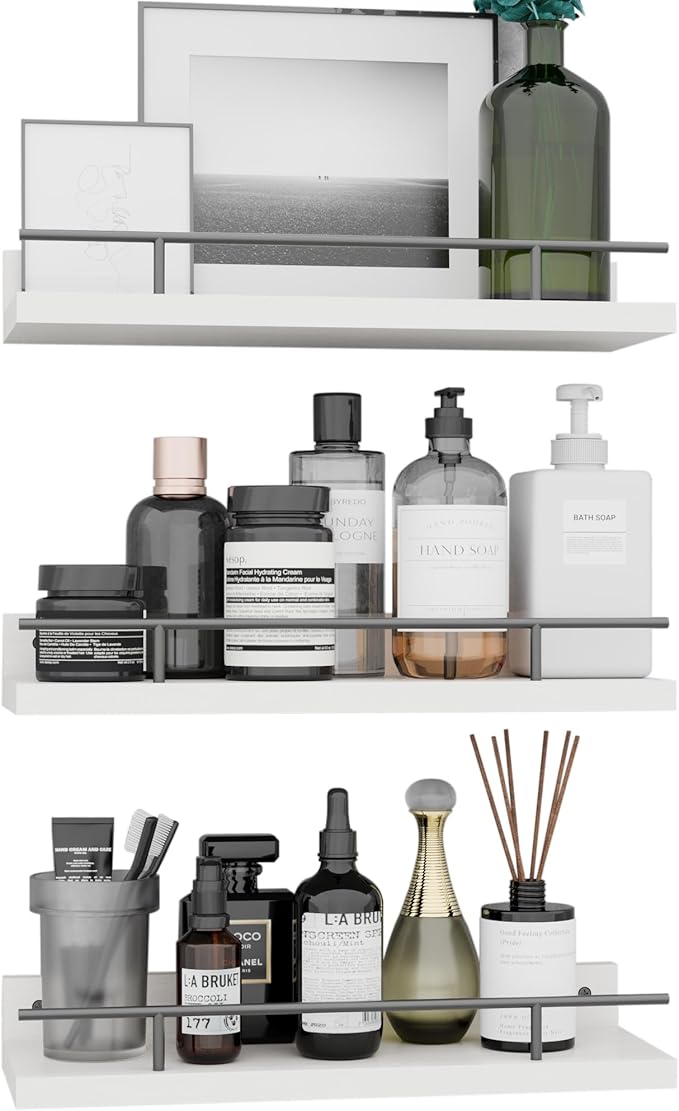 Floating Shelves with Metal Guardrail, Wall Decor Shelves for Bathroom, Living Room and Bedroom, (Black-White) Shelves for Home Decor