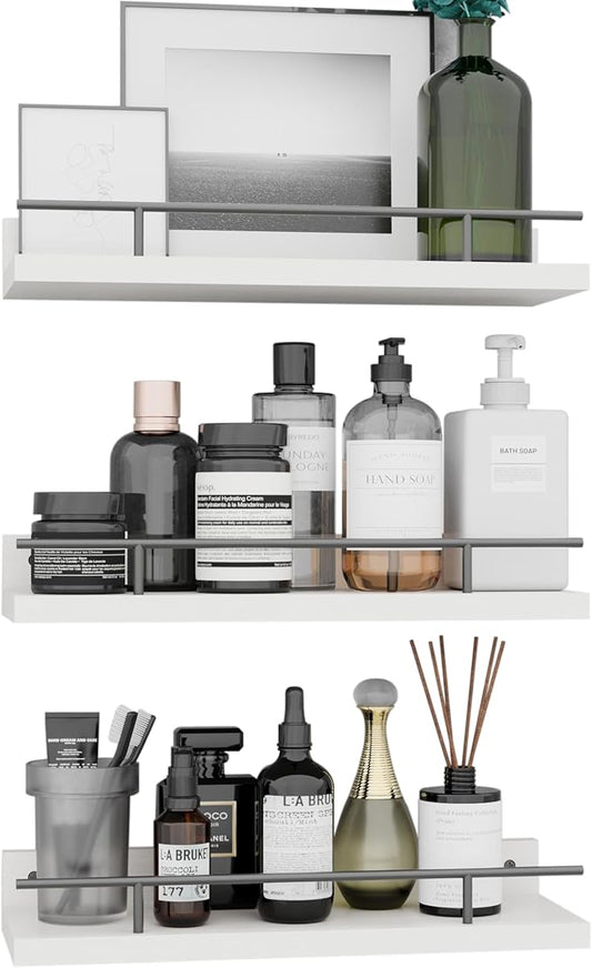 Floating Shelves with Metal Guardrail, Wall Decor Shelves for Bathroom, Living Room and Bedroom, (Black-White) Shelves for Home Decor