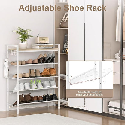 Refrze Shoe Rack for Front Door Entrance, 5 Tier Height-Adjustable Metal Shoe Rack, Sturdy Wooden Top and Tiltable Steel Frame Heavy Duty Shoe Organizer for Bathroom,Bedroom,Kitchen，Include Hook
