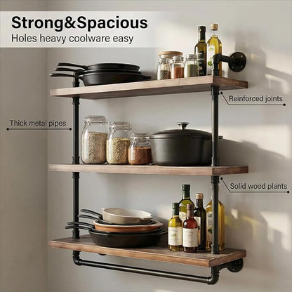 Industrial Wall Mounted Iron Floating Pipe Shelves/Shelving/Racks/Storage/Bookcases/Brackets, DIY Open Bookshelves/Shelving for Kitchen/Office, Retro Black (3-Tier Floating Shelves)
