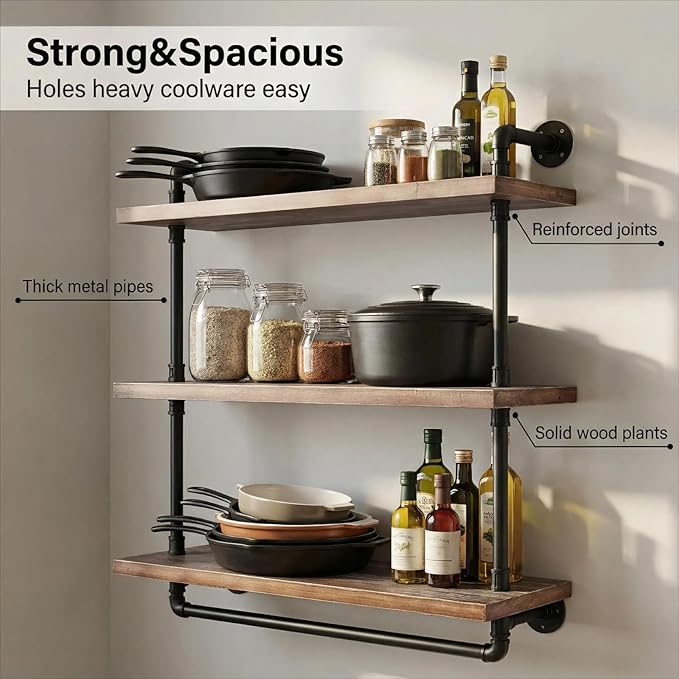 Industrial Wall Mounted Iron Floating Pipe Shelves/Shelving/Racks/Storage/Bookcases/Brackets, DIY Open Bookshelves/Shelving for Kitchen/Office, Retro Black (3-Tier Floating Shelves)