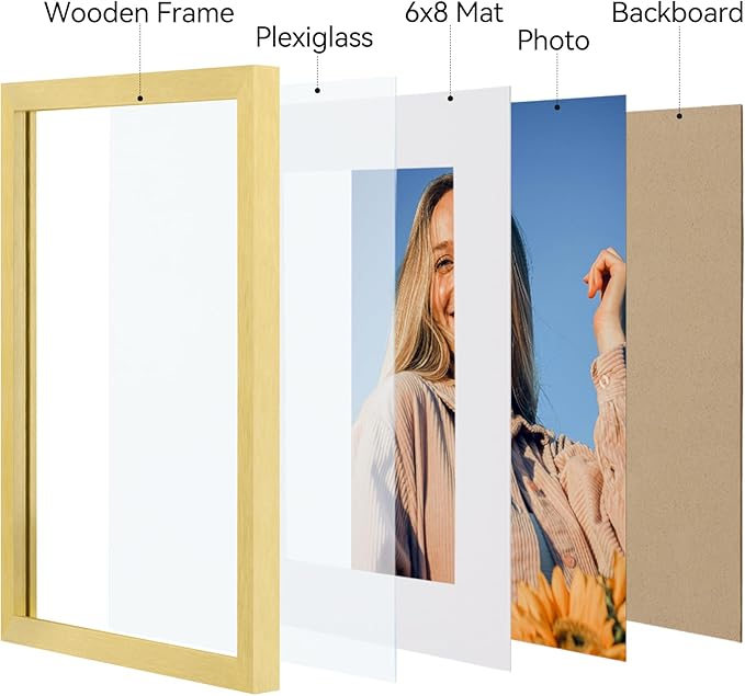 Vittanly 8.5x11 Picture Frames Set of 4, Display Pictures 6x8 with Mat or 8.5x11 without Mat, Gallery Wall Frame Set for Wall Mounting, Engineered Wood with Shatter Resistant Plexiglass, Gold