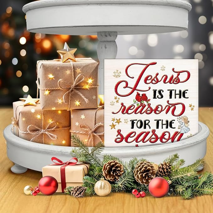Christmas Sign Decor, Christmas O Holy Night Jesus Decorations, Jesus Is the Reason for the Season Wooden Sign Rustic Home Decor 5 x 5 Inches