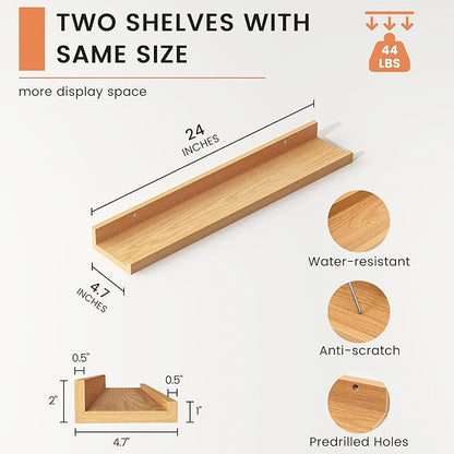 Picture Ledge Shelf, Floating Shelves Set of 2, 24 Inches Nursery Book Shelves for Toys Storage, Kids Bookshelf Wall Mounted for Living Room Bedroom Decor Books Photo Frames, Natural Oak