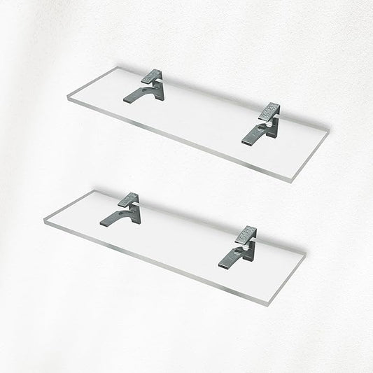 Clear Acrylic Shelves 14.5 inches, 3/4" Thick Transparent Wall Mounted Floating Shelves for Bedroom, Living Room, Bathroom, Kitchen -‎ with Screws and Chrome Finish Brackets, Pack of 2