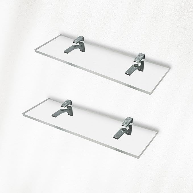 Clear Acrylic Shelves 11.5 inches, 3/4" Thick Transparent Wall Mounted Floating Shelves for Bedroom, Living Room, Bathroom, Kitchen -‎ with Screws and Chrome Finish Brackets, Pack of 2