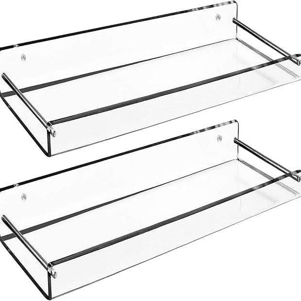 AMT 2 Pack Acrylic Floating Shelves, 15" L x 4.8" W, Clear Bathroom Wall Shelf, Bookshelves, Invisible Display for Office, Bedroom, Small Gap Allows Water to Escape, Free Screws & Drill Bit (Medium)