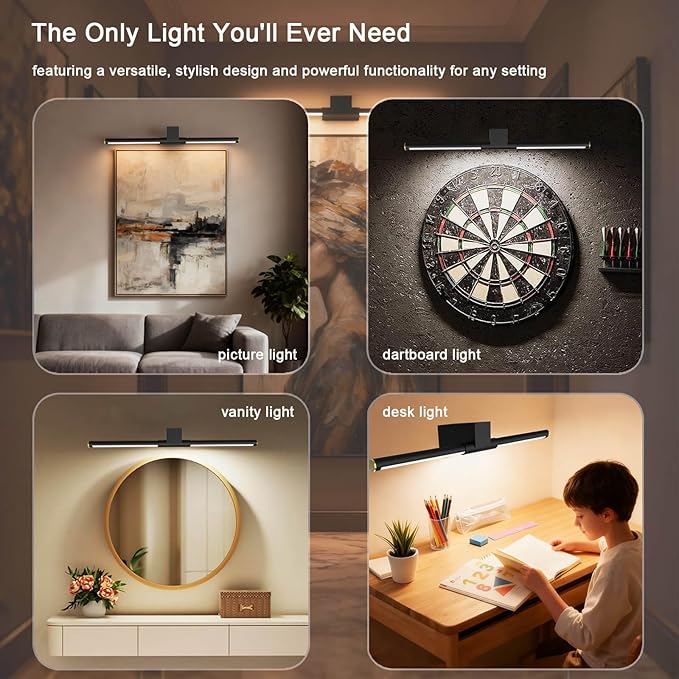 Picture Lights for Wall Battery Operated, Rechargeable Wireless Lights for Pictures on Wall with 3 Color Dimmable Remote for Painting Gallery Dartboard Poster Bedroom Frame Art Decor - Black 24 inch