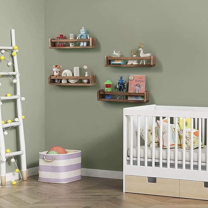 Nursery Room Shelves Set of 4, Wood Floating Book Shelves for Kids Room, Baby Book Shelf for Nursery, Kitchen Spice Rack (Carbonized)