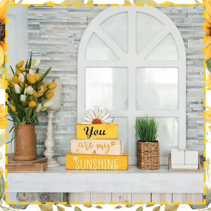 Amyhill Spring Table Decor You Are My Sunshine Wooden Block Sign Summer Tabletop Decorations Farmhouse Tiered Tray Decor Rustic Table Centerpieces for Home Desk Shelf Mantle Office Decorations