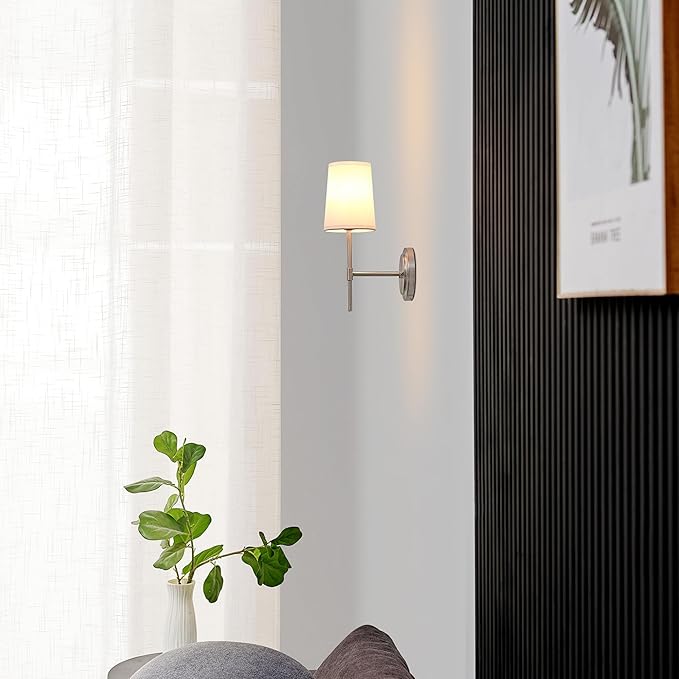 Globe Electric 51858 Clarissa 1-Light Wall Sconce, Brushed Nickel, White Fabric Shade, Bulb Not Included