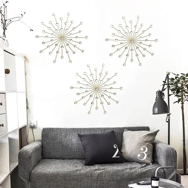 ZEXUIRU 3 Pack Gold Sunburst Wall Decor – Metal Crystal Wall Art with Sparkling Rhinestones, 14’’/18 Inch Starburst Wall Hanging Set for Living Room Bedroom Bathroom – Modern Bling Home Decorations