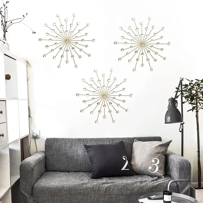 ZEXUIRU 3 Pack Gold Sunburst Wall Decor – Metal Crystal Wall Art with Sparkling Rhinestones, 14’’/18 Inch Starburst Wall Hanging Set for Living Room Bedroom Bathroom – Modern Bling Home Decorations