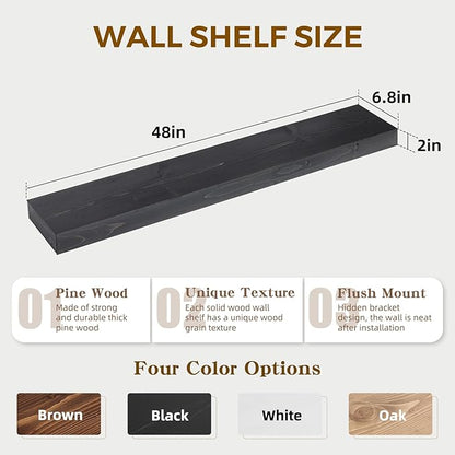 48x6.8x2in Floating Shelf – Natural Black Solid Wood Rustic Mounted Shelf – Heavy Duty Decorative Storage for Living Room, Kitchen, Bathroom, Bedroom
