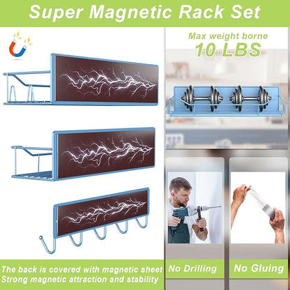 Magnetic Spice Rack for Refrigerator, 3 Pack Metal Magnet Spice Organizer Shelf with Hook Rack, Magnetic Fridge Shelves for Kitchen Organization and Storage, Seasoning Organizer Gadgets (Blue)
