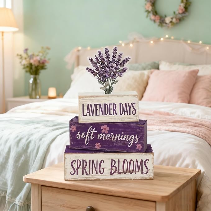 Spring Decoration Wooden Tiered Tray Decor – Rustic Lavender Days Stacked Block Sign with Lavender Flower Topper – Farmhouse Tabletop Spring Decor for Living Room Shelf Kitchen Coffee Bar Seasonal Home Display