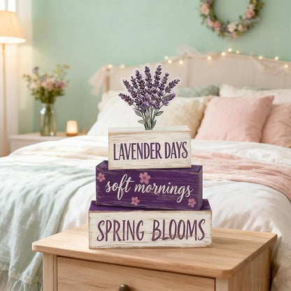 Spring Decoration Wooden Tiered Tray Decor – Rustic Lavender Days Stacked Block Sign with Lavender Flower Topper – Farmhouse Tabletop Spring Decor for Living Room Shelf Kitchen Coffee Bar Seasonal Home Display
