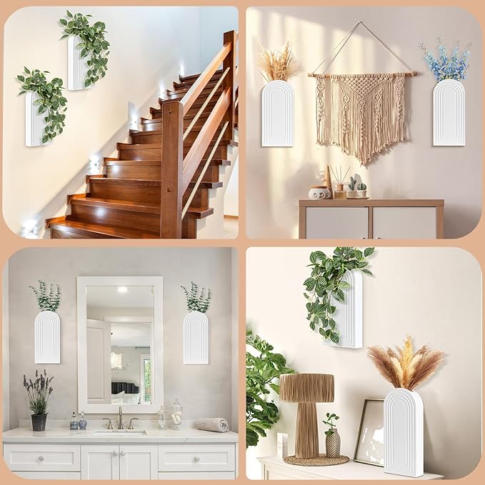 Wall Planter for Indoor Plants, Wood Wall Decor Hanging Planter, Wall Vases for Decor Dried Flowers and Faux Greenery, Set of 2 Farmhouse Wall Decor for Living Room, Bedroom, White
