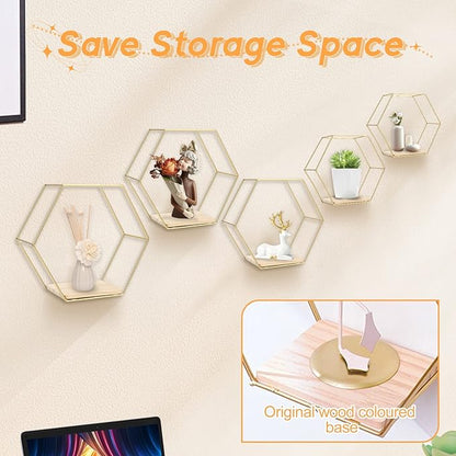Wall Mounted Hexagonal Floating Shelves Set of 5 in Different Sizes, Modern Metal Shelf, Simple Wood Partition Storage Shelves, Gold Decor Rack for Bedroom, Living Room, Kitchen and Office