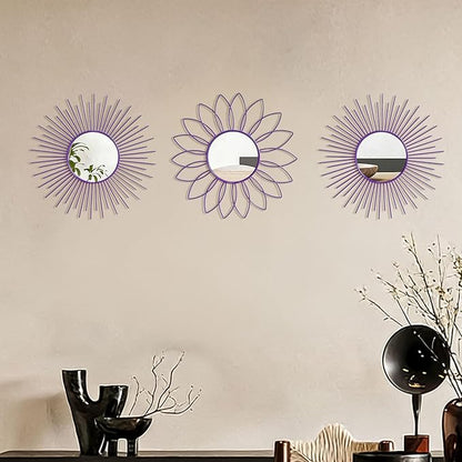3 Pack Metal Mirrors for Wall Sunburst Wall Mirrors Home Décor Decorative Hanging Wall Art for Living Room Bedroom Entryway (Purple, Flower+Sunburst)