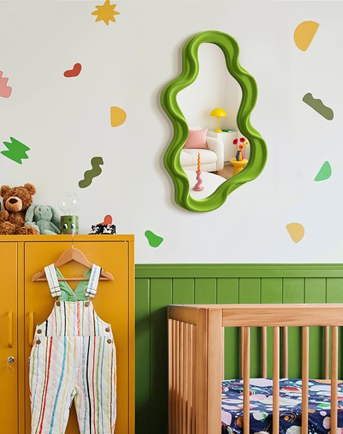 Living Room Mirrors for Wall Decor, Soft Velvet Wall Mounted Cloud Mirror for Girl Teen Women Bedroom Decoration, Cute Hanging Sculpture Home Accent for Dining Room Kitchen (Lawn Green)