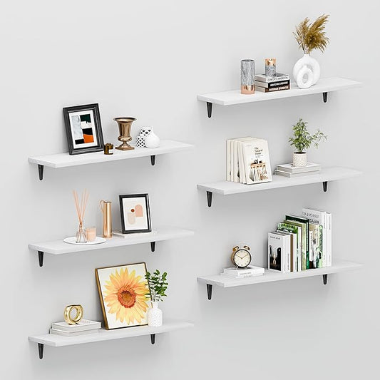 SKYSEN Floating Shelves for Wall Set of 6, 23.6in Wood Wall Shelf for Decor, Bathroom, Bedroom, Storage, Book,Kitchen, Living Room - White(fs-60-w)