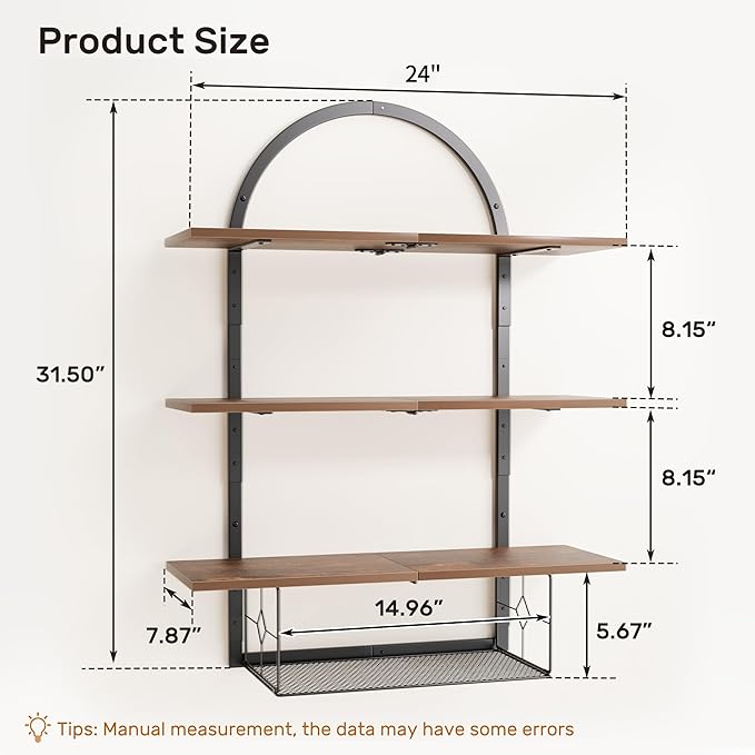 Floating Shelf for Wall- 31.5"x 24" 3+1 Tier Floating Shelves with Basket for Bathroom, Living Room,Bedroom and Kitchen Rustic Brown
