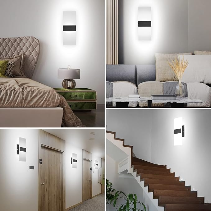 TRLIFE Dimmable Wall Sconces, Modern Wall Sconces Set of 2 Hardwired Wall Mounted Lights 12W 6000K Cool White LED Wall Sconce Lighting for Bedroom Bedside Living Room Bathroom Stairway(2 Pack, Black)
