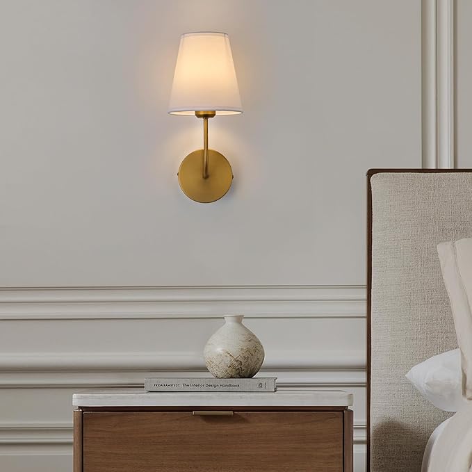 Antique Brass Hardwired Wall Sconce Set of 2 - Gold Finish with White Fabric Shades，Bedroom Lighting, Living Room, Farmhouse, Fireplace, Hallway, Bedside Lamp,Bathroom Wall Lights
